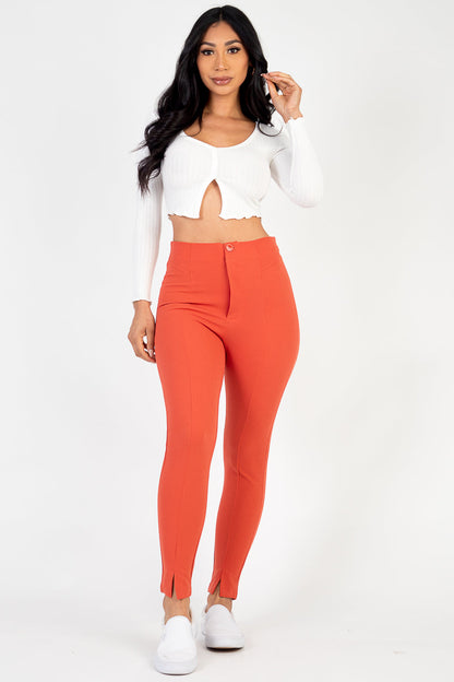 Skinny Pants with High Waist and Slit Hem