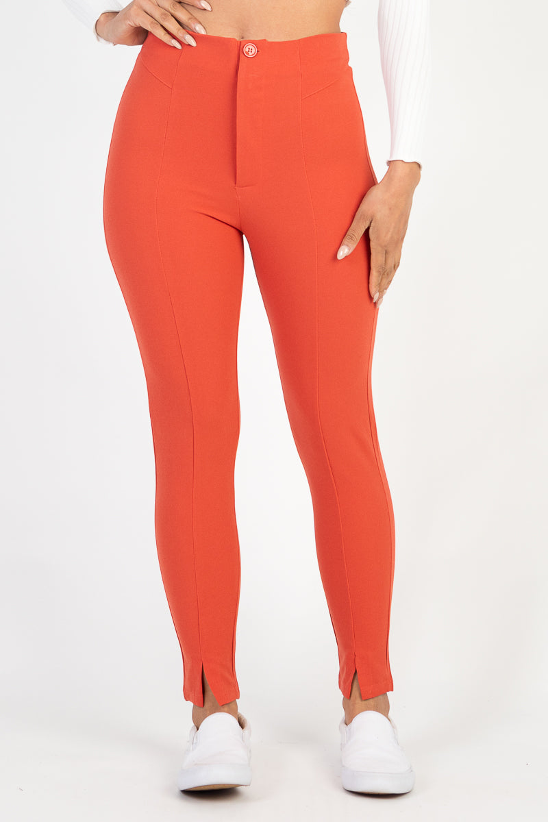 Skinny Pants with High Waist and Slit Hem