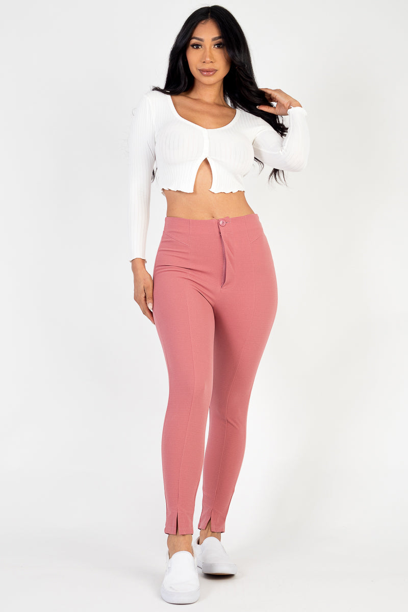 Skinny Pants with High Waist and Slit Hem