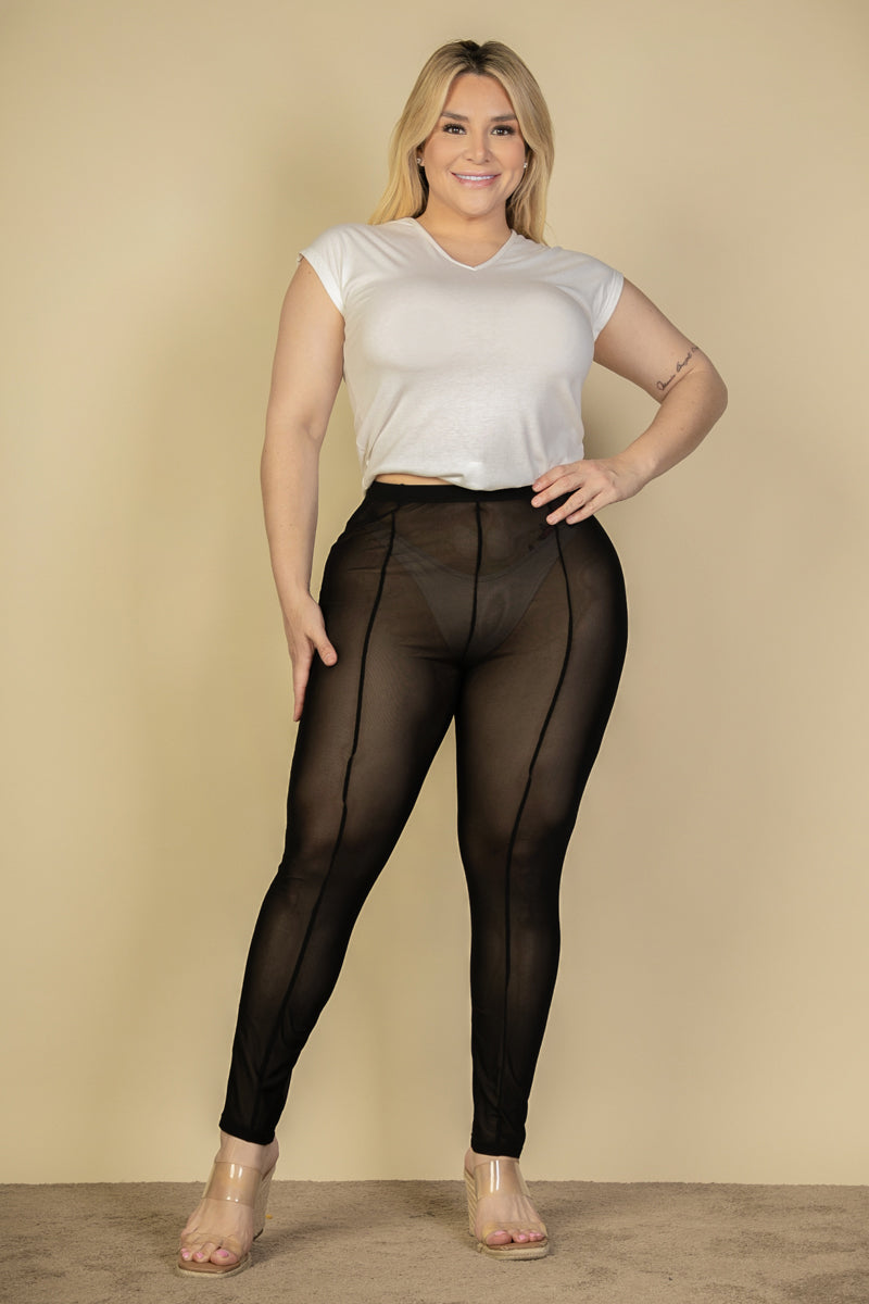 Plus Size Mesh Leggings with High Waist and Seam Detail