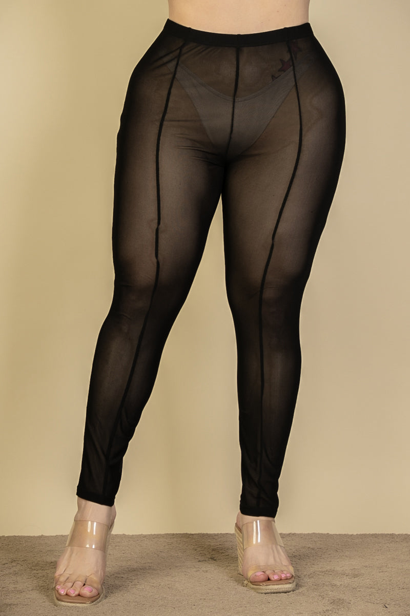 Plus Size Mesh Leggings with High Waist and Seam Detail