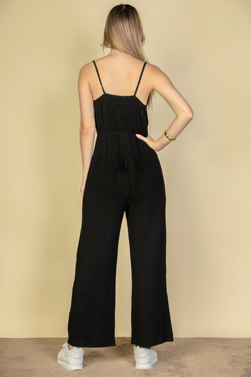 Fuzzy Sweater-Knit Jumpsuit with Tie-Front Cami Design