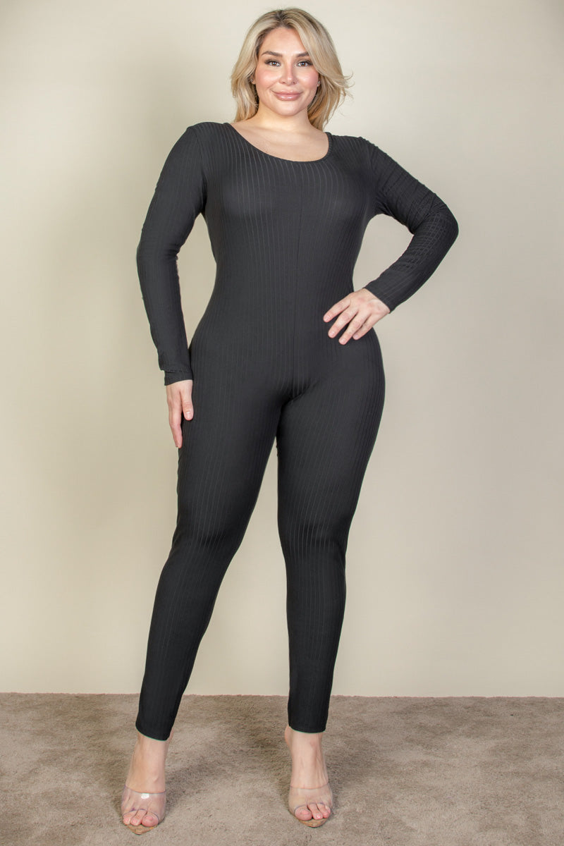 Long Sleeve Jumpsuit with Scoop Neck in Plus Size Ribbed Fabric