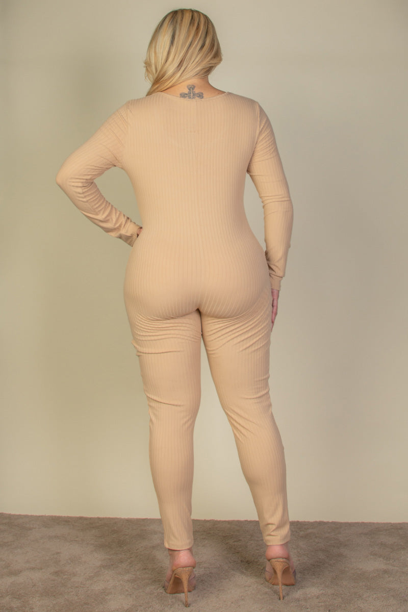 Long Sleeve Jumpsuit with Scoop Neck in Plus Size Ribbed Fabric