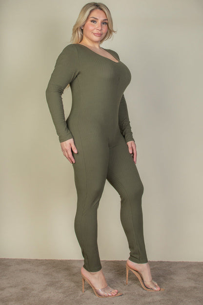 Long Sleeve Jumpsuit with Scoop Neck in Plus Size Ribbed Fabric