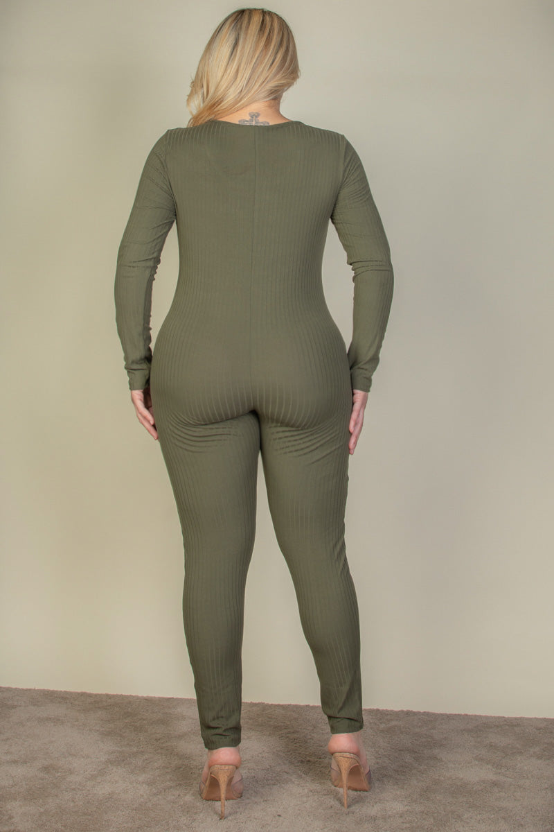 Long Sleeve Jumpsuit with Scoop Neck in Plus Size Ribbed Fabric