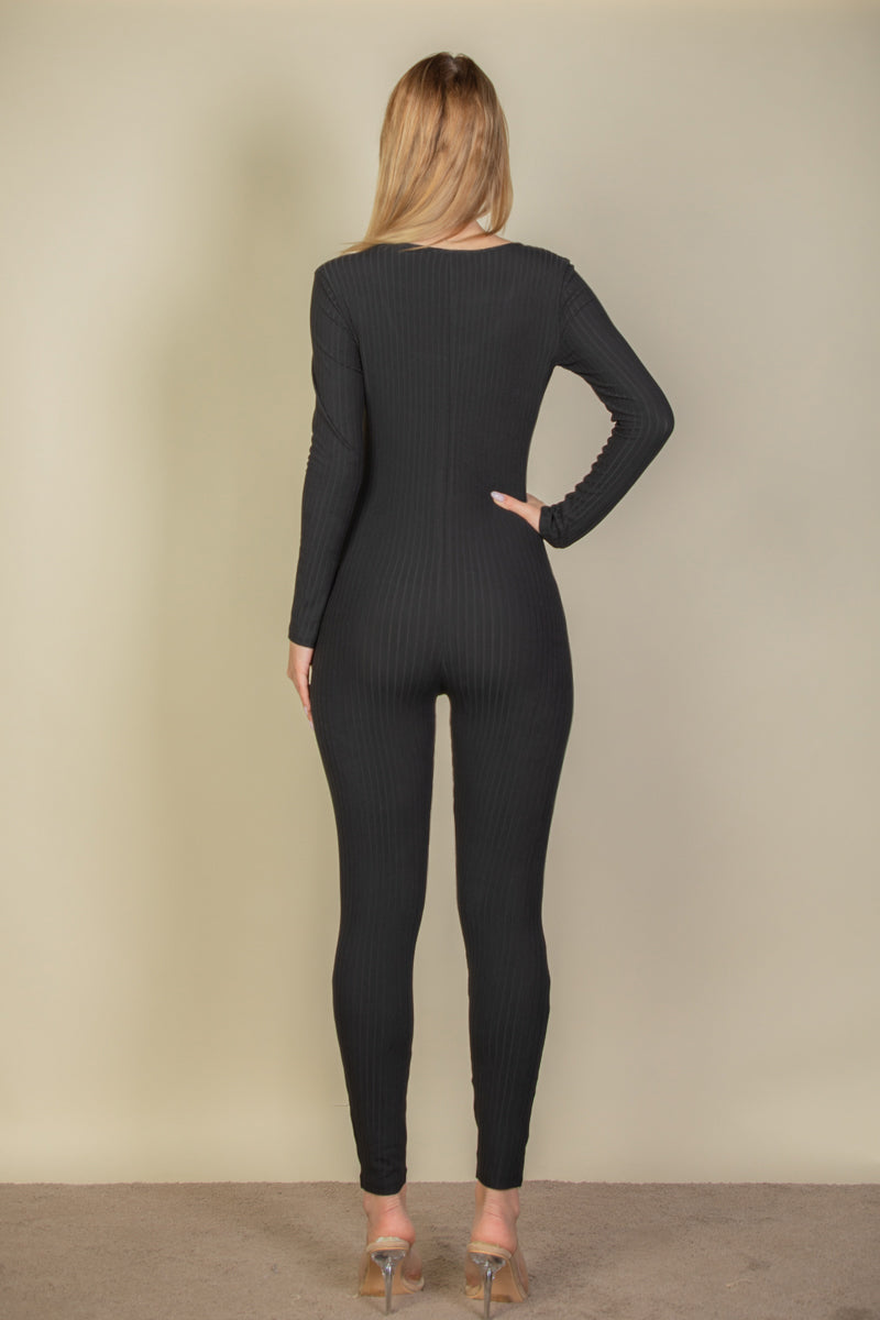 Ribbed Long Sleeve Jumpsuit with Scoop Neck