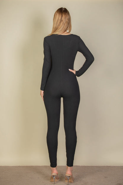 Ribbed Long Sleeve Jumpsuit with Scoop Neck