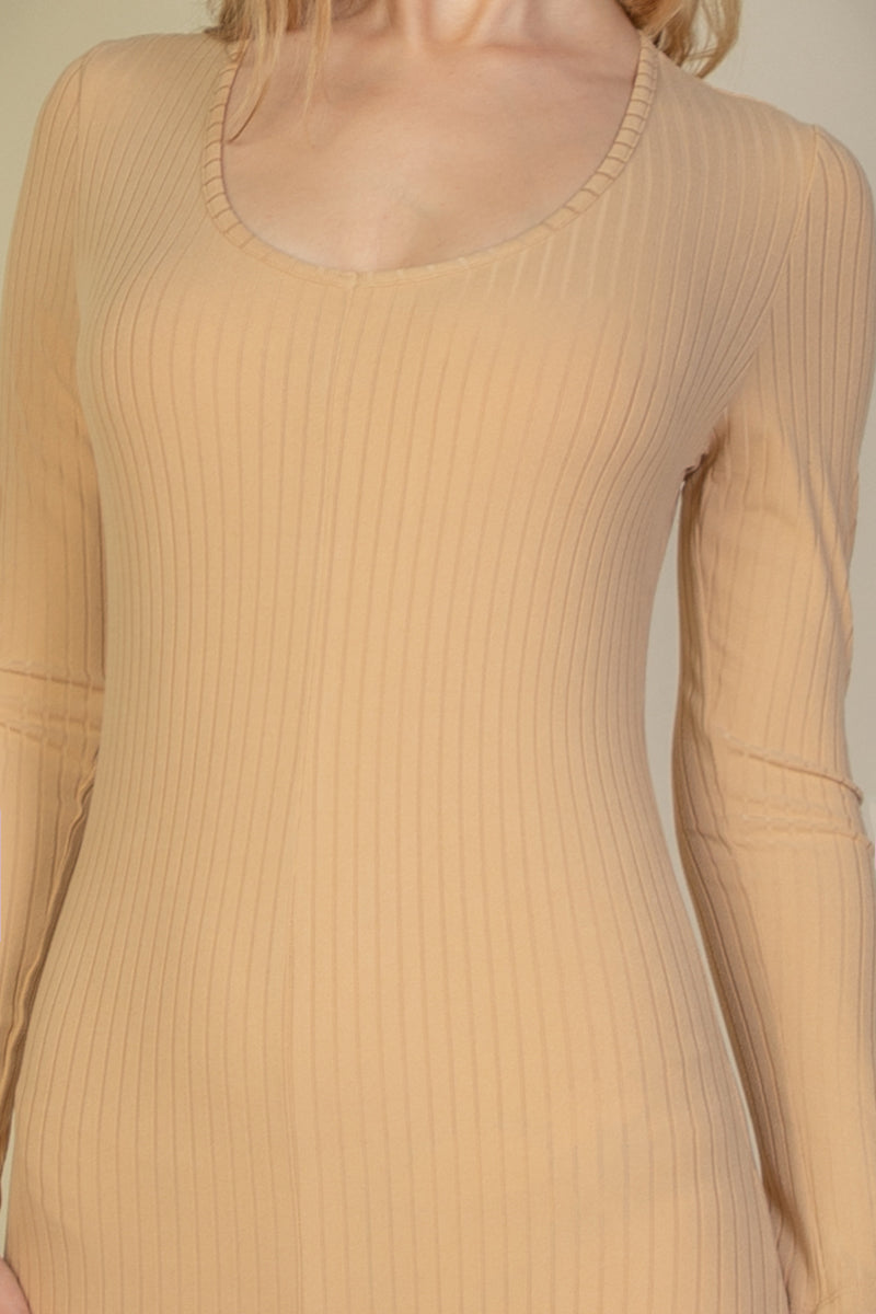 Ribbed Long Sleeve Jumpsuit with Scoop Neck