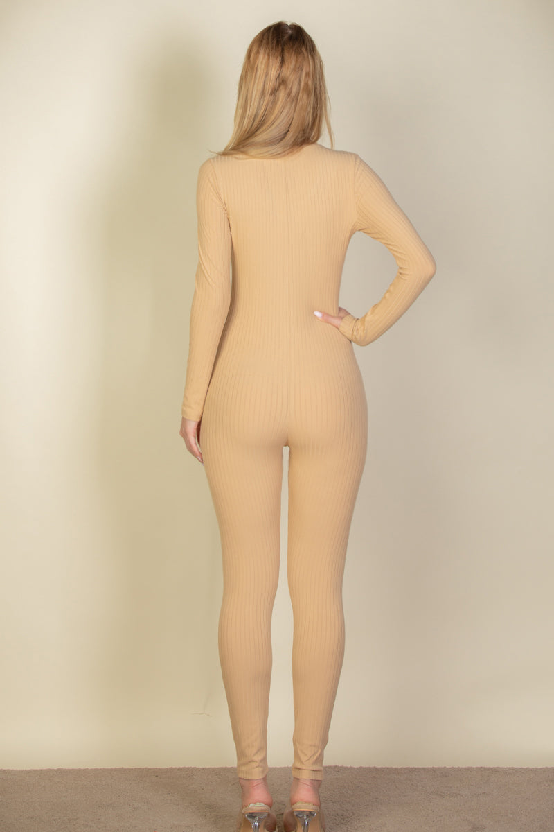 Ribbed Long Sleeve Jumpsuit with Scoop Neck