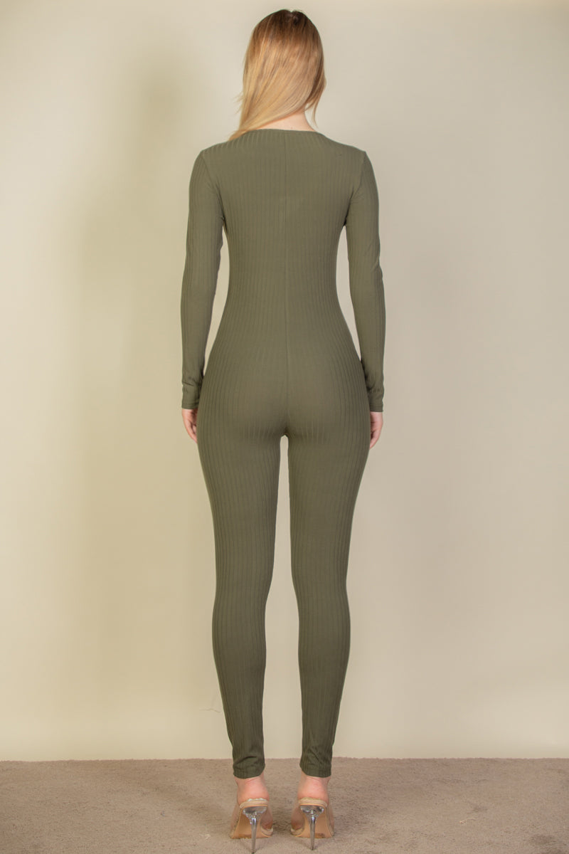 Ribbed Long Sleeve Jumpsuit with Scoop Neck