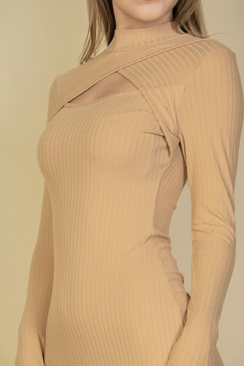 Ribbed Long Sleeve Bodycon Mini Dress with Front Cut-Out