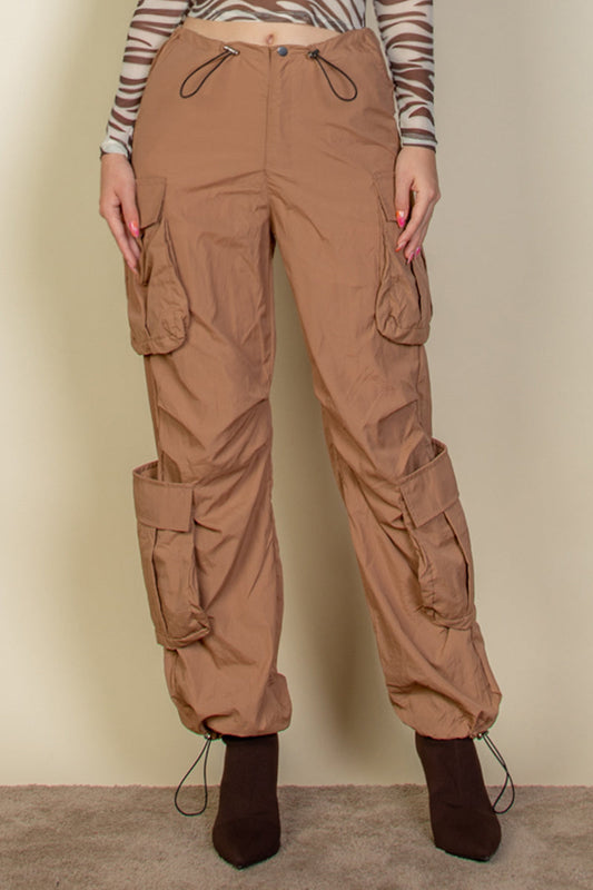 Parachute Pants with Ruched Drawstring Waist and Flap Pockets