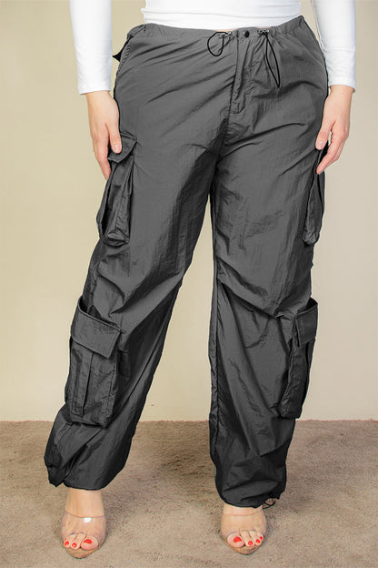 Curvy Flap Pocket Drawstring Ruched Parachute Pants