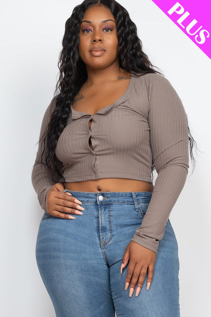 Crop Top in Plus Size Ribbed Fabric with Long Sleeves and Snap Button Down Detail