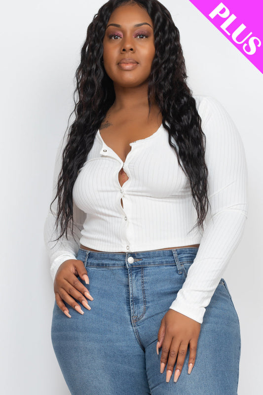 Crop Top in Plus Size Ribbed Fabric with Long Sleeves and Snap Button Down Detail