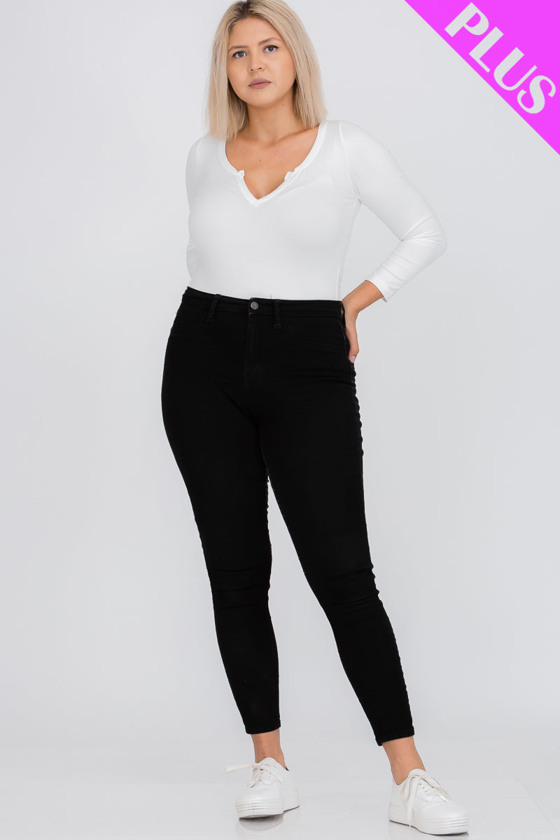 Curvy Split Neck Solid Long Sleeve Bodysuit