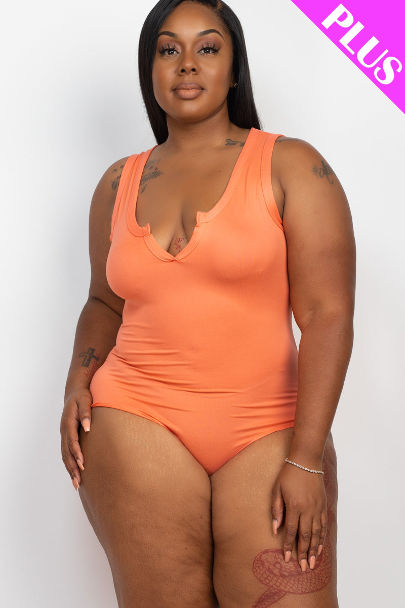 Split Neckline Sleeveless Bodysuit for Plus Size