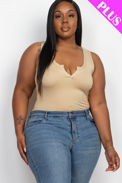 Split Neckline Sleeveless Bodysuit for Plus Size