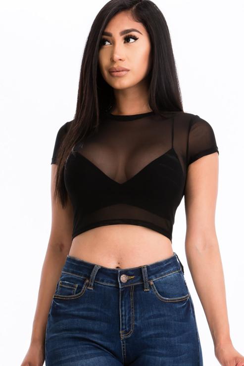 Short Sleeve Sheer Mesh Crop Tee