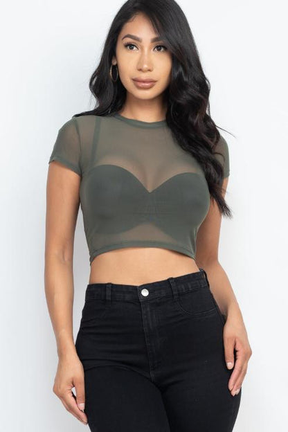 Short Sleeve Sheer Mesh Crop Tee