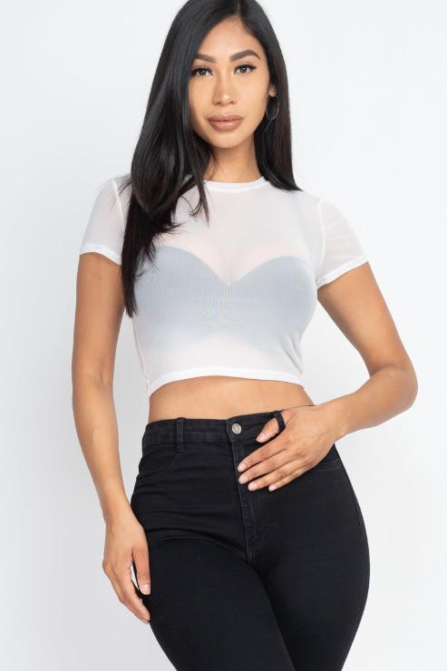 Short Sleeve Sheer Mesh Crop Tee