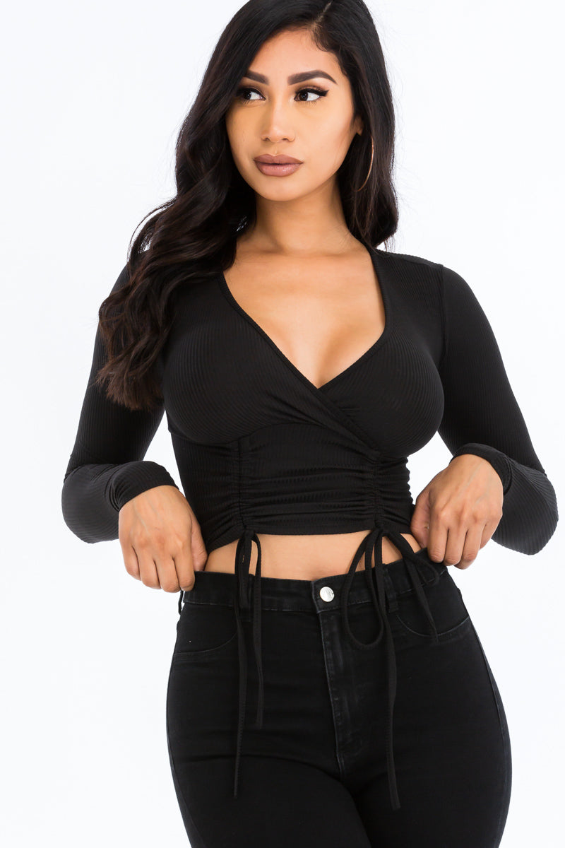 Drawstring Ribbed Long Sleeve Crop Top