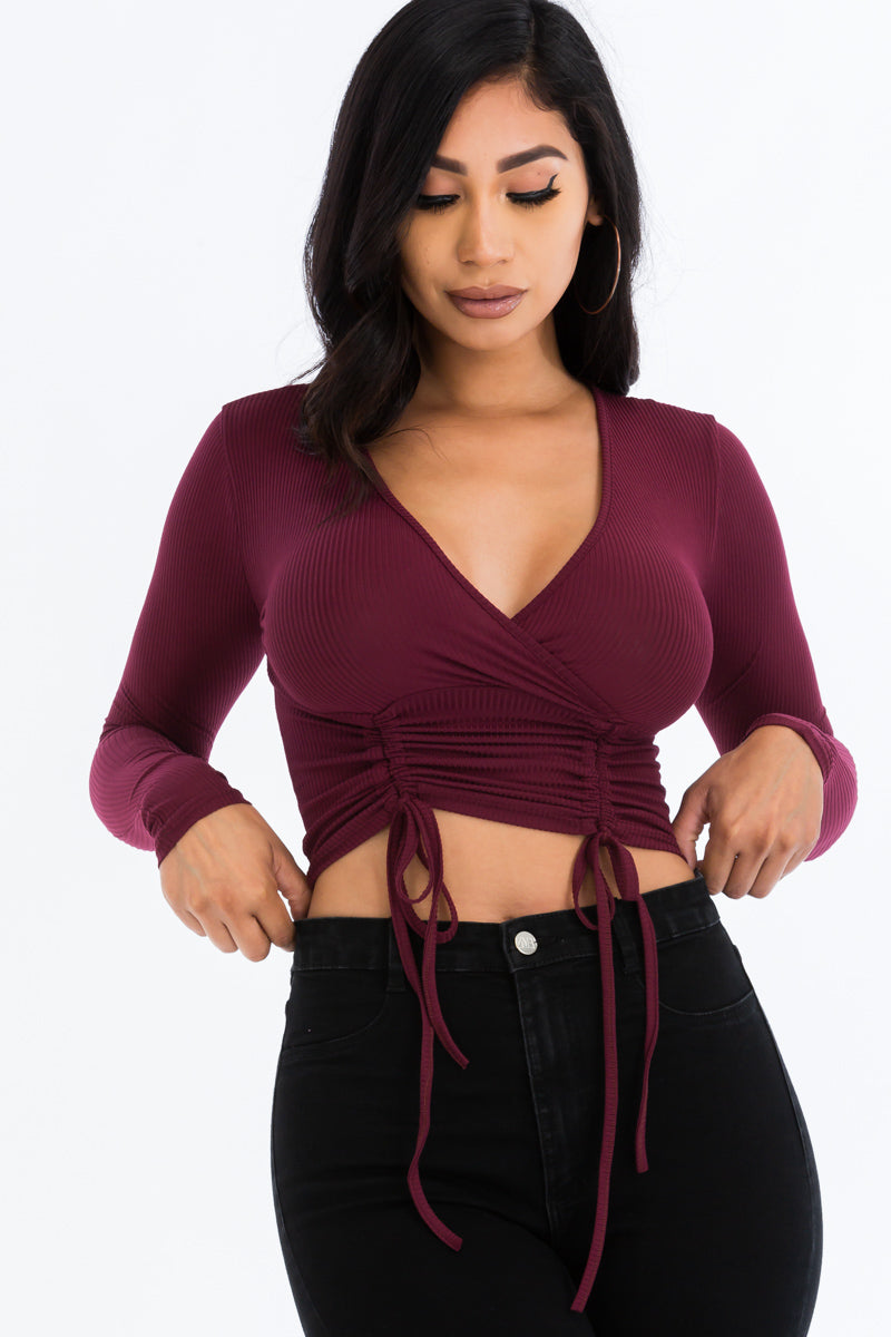 Drawstring Ribbed Long Sleeve Crop Top