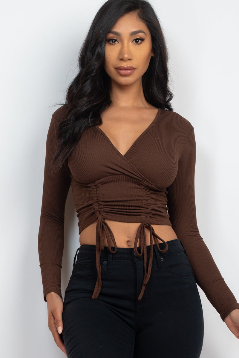 Drawstring Ribbed Long Sleeve Crop Top