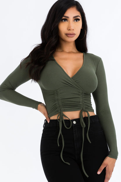 Drawstring Ribbed Long Sleeve Crop Top