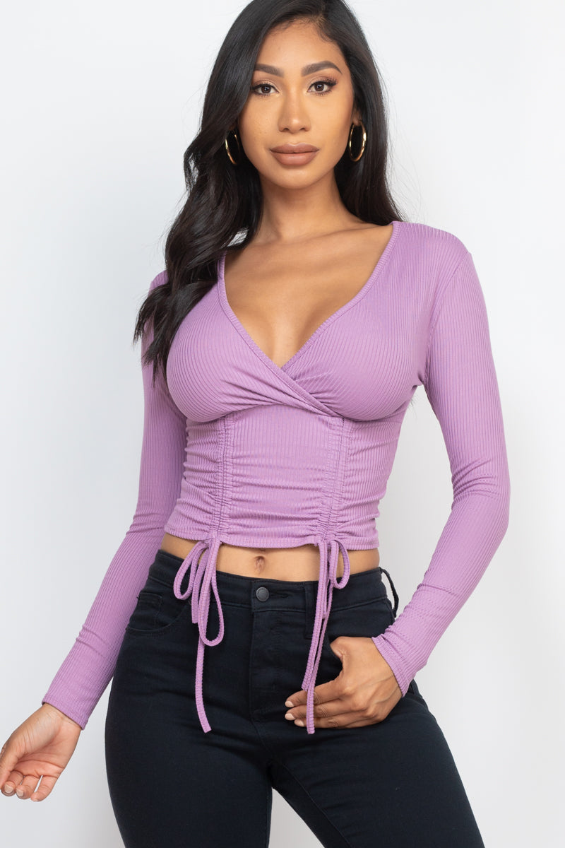 Drawstring Ribbed Long Sleeve Crop Top