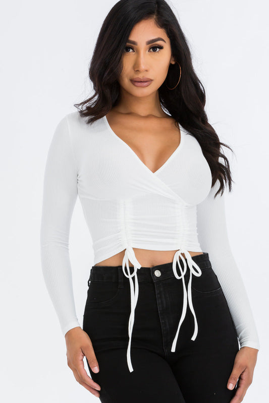 Drawstring Ribbed Long Sleeve Crop Top