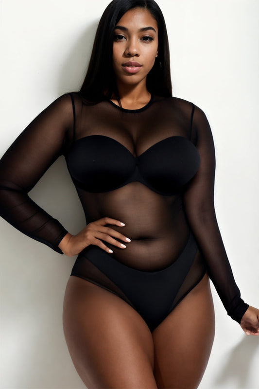 Plus Size Sheer Mesh Long Sleeve Bodysuit