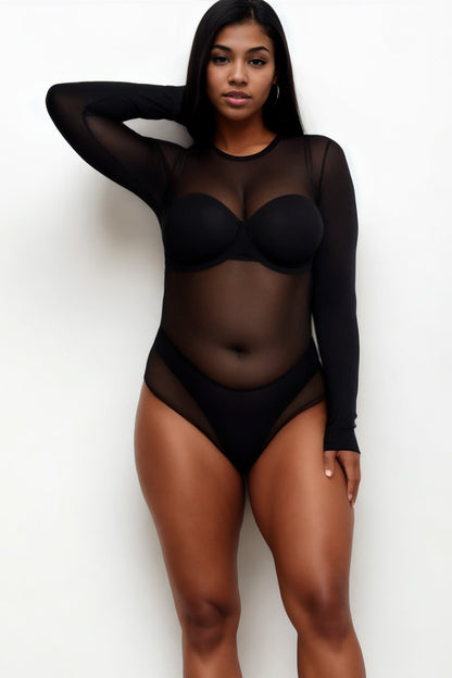 Plus Size Sheer Mesh Long Sleeve Bodysuit