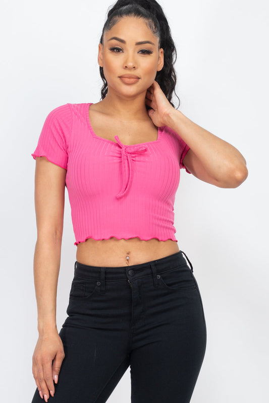 Ribbed Ribbon-Tie Lettuce Hem Crop Top