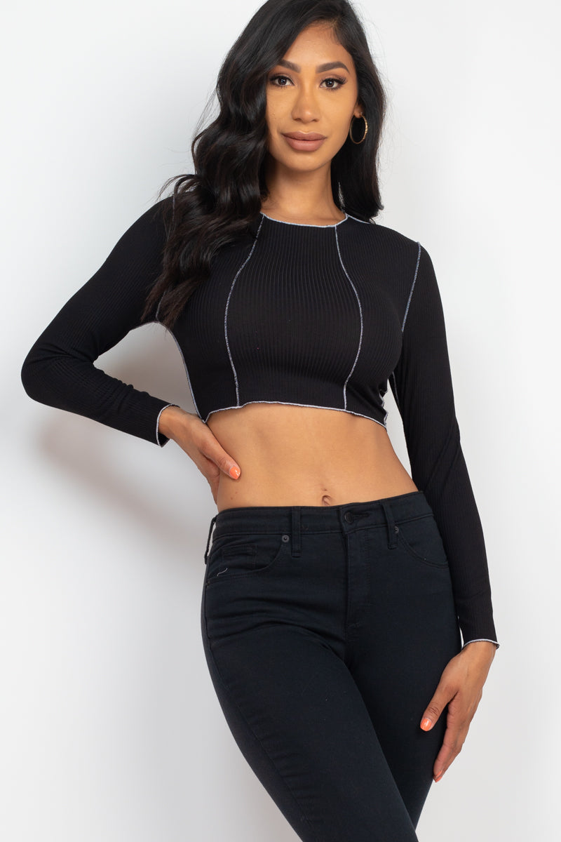 Long Sleeve Ribbed Crop Top with Exposed Seams