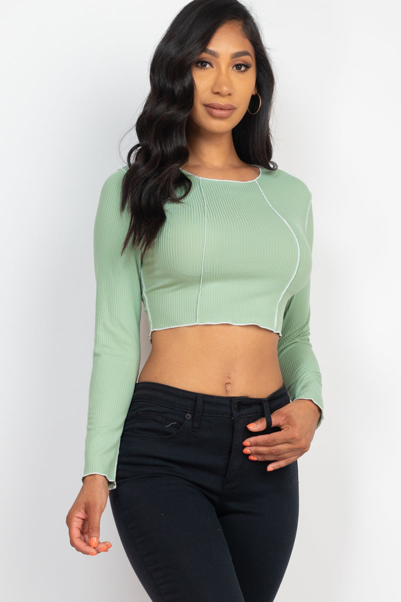 Long Sleeve Ribbed Crop Top with Exposed Seams