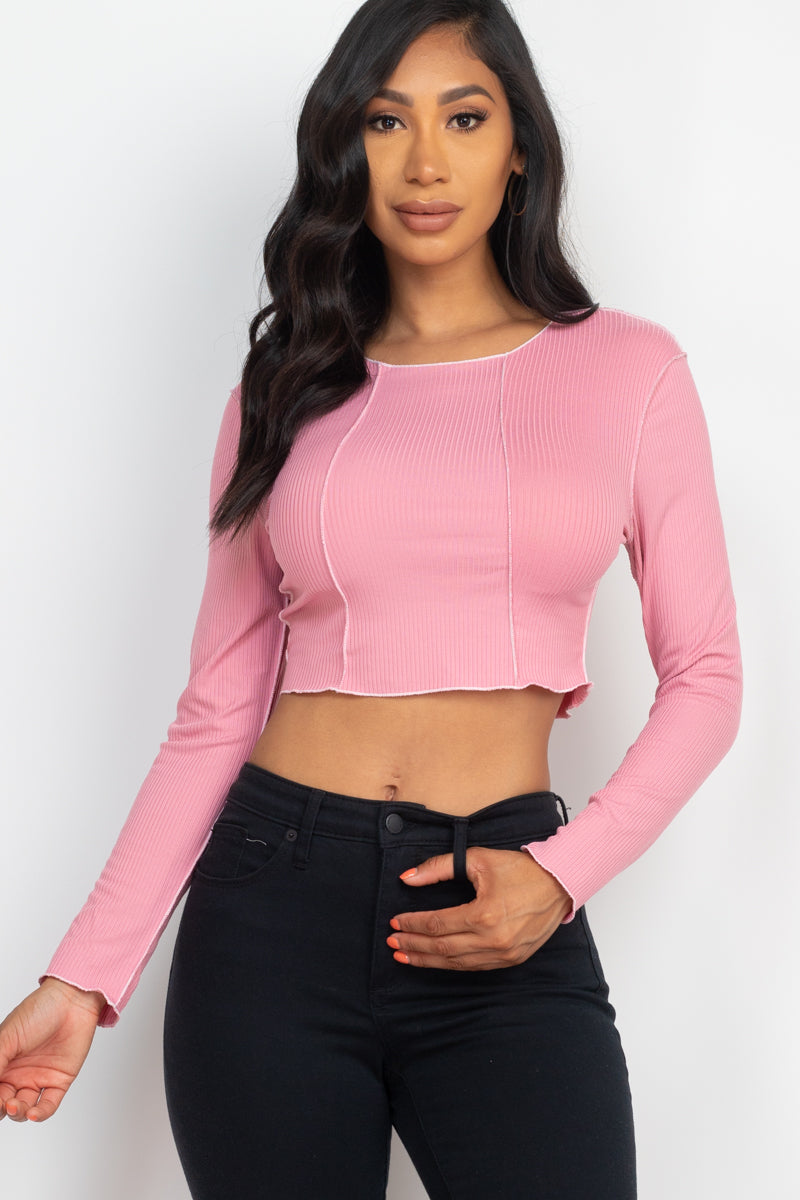 Long Sleeve Ribbed Crop Top with Exposed Seams