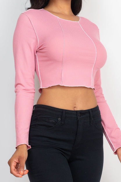 Long Sleeve Ribbed Crop Top with Exposed Seams