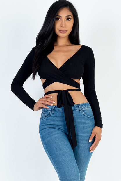 Rib Knit Crop Top with Cross Wrap Tie Front