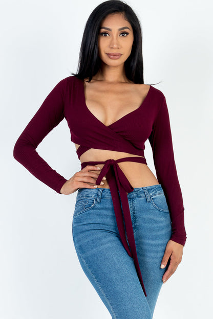 Rib Knit Crop Top with Cross Wrap Tie Front