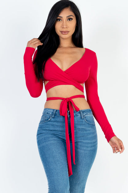 Rib Knit Crop Top with Cross Wrap Tie Front