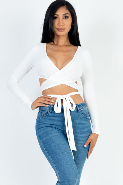 Rib Knit Crop Top with Cross Wrap Tie Front