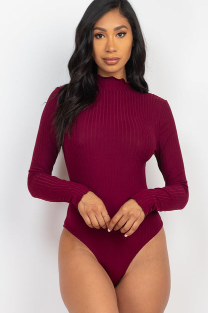 Mock Neck Long Sleeve Bodysuit with Ribbed Lettuce Edge Trim