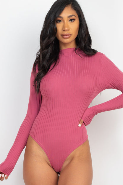 Mock Neck Long Sleeve Bodysuit with Ribbed Lettuce Edge Trim