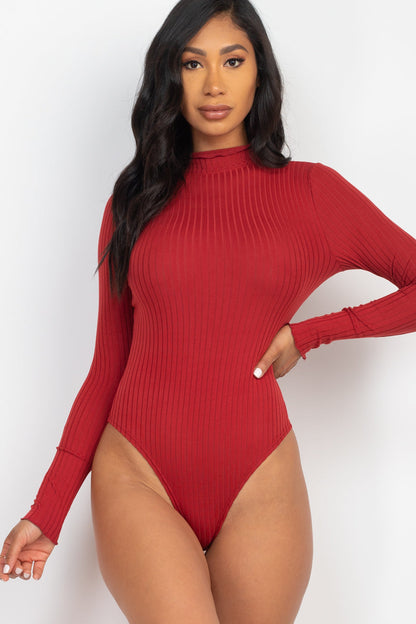 Mock Neck Long Sleeve Bodysuit with Ribbed Lettuce Edge Trim