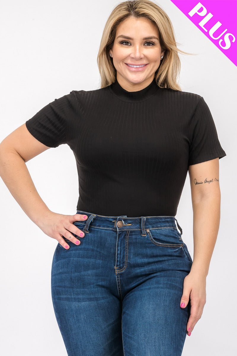 Short Sleeve Bodysuit in Plus Size Ribbed Fabric