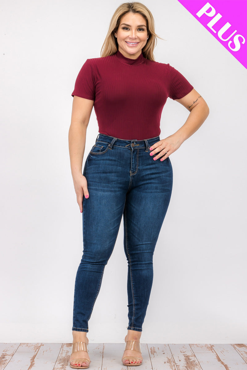 Short Sleeve Bodysuit in Plus Size Ribbed Fabric