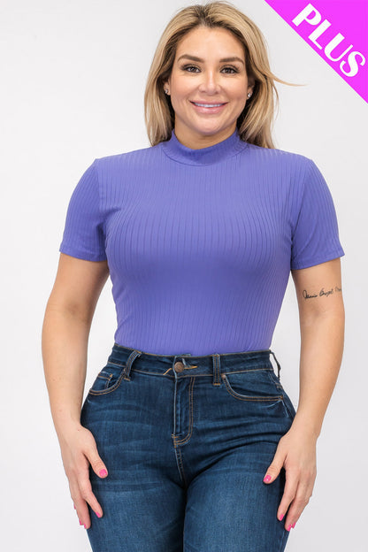 Short Sleeve Bodysuit in Plus Size Ribbed Fabric