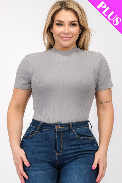 Short Sleeve Bodysuit in Plus Size Ribbed Fabric